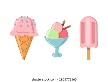 A set of three types of ice cream. Waffle cone, ice cream on a stick and in a vase