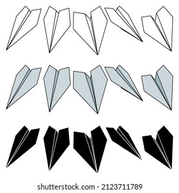 Set of three types vector illustrations of paper plane icons. Outline simple, silhouette and color craft paper airplane isolated on white background. Icon symbol of travel and route.