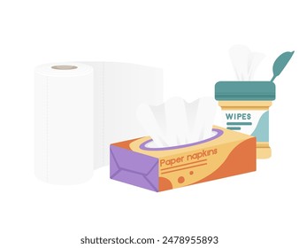 A set of three types of wipes - dry, wet and a towel sized vector illustration isolated on white background