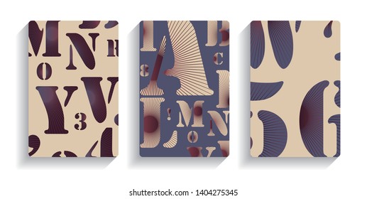 set of three typographic style covers in retro purple blue shades