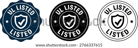 Set of three UL Listed certification badge icons with shield and check mark, isolated on white background.