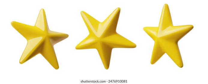 Set of three unique 3D star icons in yellow. Vector illustration showcasing stars with varying shapes and contours, ideal for decorative purposes or rewards.