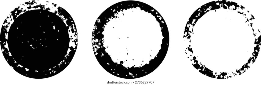 Set of three unique black and white grunge circles, featuring solid, partially filled, and outlined distressed textures.