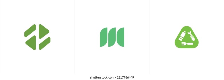 Un conjunto de tres logos verdes únicos relacionados con el reciclaje y la ecología.