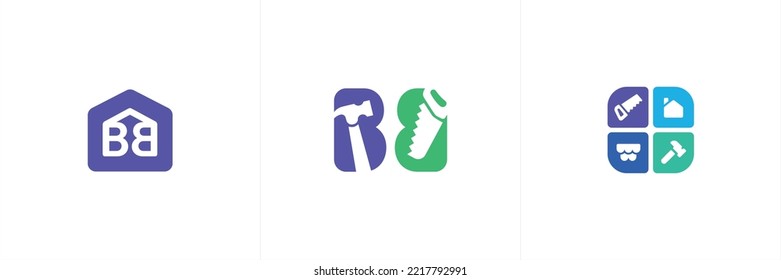 Un conjunto de tres logos únicos que muestran herramientas de construcción, un edificio. Adecuado para empresas de construcción, almacén de herramientas de construcción, taller de carpintería.