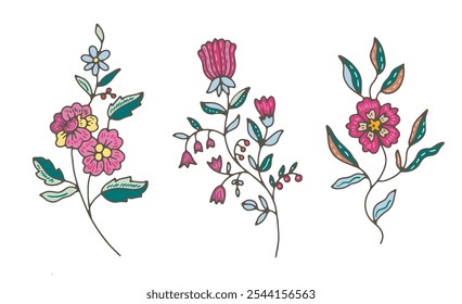 Set of three unique wildflower vector illustrations with pink and teal accents, isolated on a white background. Ideal for design projects and decorations.