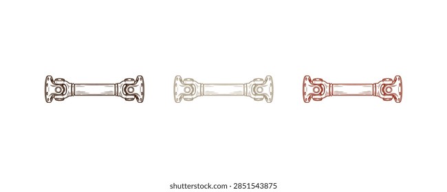 A set of three universal joints, each showcasing a different metallic finish, presented in a clean studio setting.