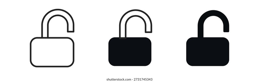 Um conjunto de três ícones de bloqueio de cadeado em estilos contrastantes: preto sólido, contorno e branco sólido.