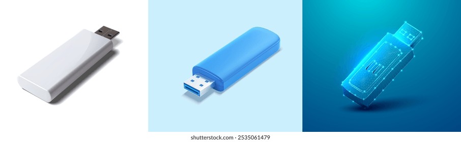 Um conjunto de três unidades flash USB mostradas em estilos diferentes. Um apresenta um design minimalista branco limpo, outro vem em um elegante invólucro azul, e o terceiro é um holograma digital. Ilustração vetorial