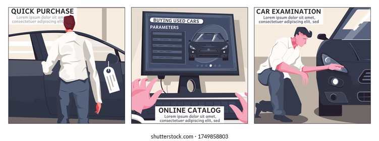 Set of three used car square flat compositions with car purchase and examination images with text vector illustration