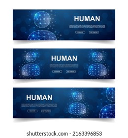 Set of three User avatar horizontal banners. Horizontal illustration for homepage design, promo banner. Teamwork low poly symbols with connected dots