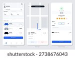 A set of three user interface screens for a ride-hailing mobile app showing the booking process, live trip tracking on a map, and the final payment with a driver rating system.