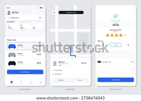 A set of three user interface screens for a ride-hailing mobile app showing the booking process, live trip tracking on a map, and the final payment with a driver rating system.