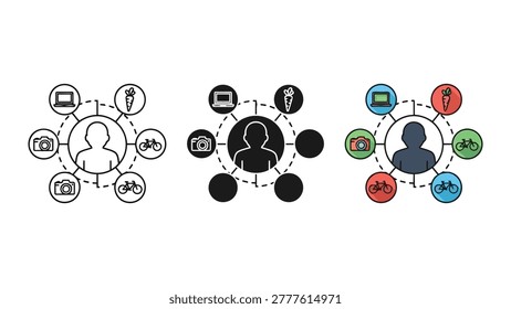 A set of three user profile diagrams featuring a central human silhouette connected to various interest icons including technology, food, and hobbies.