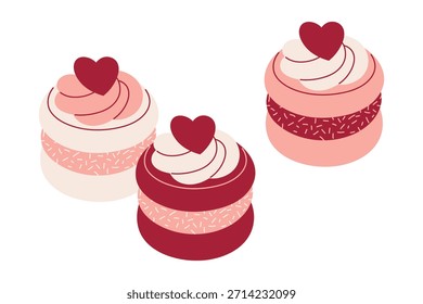 Set of Three Valentine Macarons with Hearts, Festive Romantic clipart for Valentine’s Day