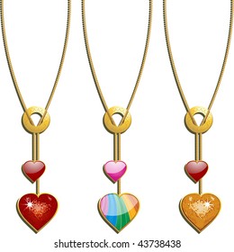 set of three valentine necklaces with sparkling red gold and glossy rainbow hearts