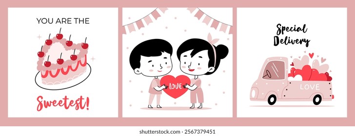 Set of three Valentine's Day card or poster. Cake. You are the sweetest. Couple in love in linear style. Track with hearts. Special delivery. Black and white colors. Pink pastel