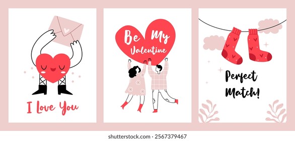 Set of three Valentine's Day card or poster. Heart character, couple in love holding heart in hands. Perfect pair of heart socks.