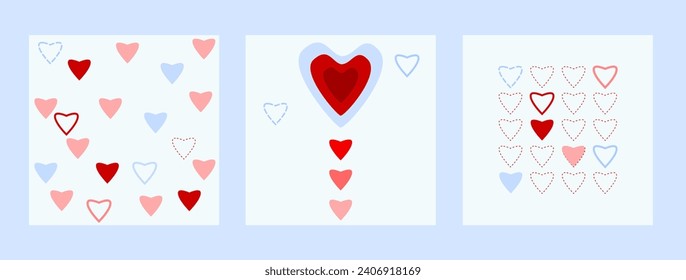 Set of three Valentine's Day cards decorated with red, blue, and cream hearts. Blue and red color tone.