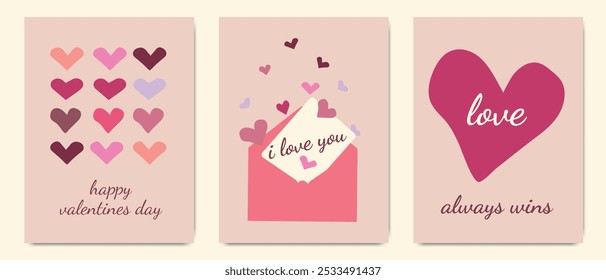 Set of three Valentine's day cards with pink and red hearts, love messages, and envelope on beige background