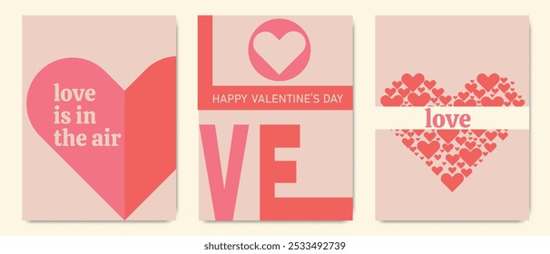 Set of three Valentine's day cards with love messages, heart shapes, and modern typography on beige background