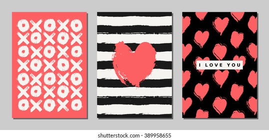 A set of three Valentine's Day designs in black, cream and coral red. Romantic greeting card, invitation, poster design templates.