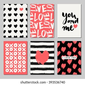 A set of three Valentine's Day designs in black, cream and coral red. Romantic greeting card, invitation, poster design templates.