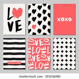 A set of three Valentine's Day designs in black, cream and coral red. Romantic greeting card, invitation, poster design templates.