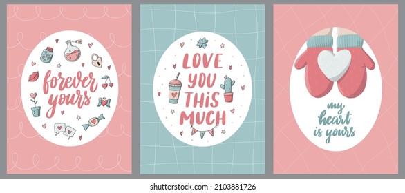 drei Valentinstag-Grußkarten mit Buchstaben und Doodles. Gut für Poster, Drucke, Banner, Vorlagen, Einladungen usw. EPS10