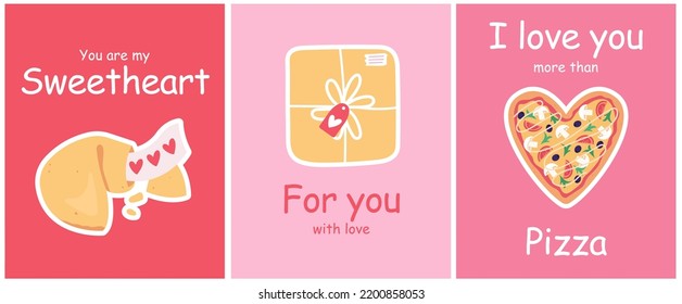 Set of three Valentine's day postcards or posters. February 14 concept.