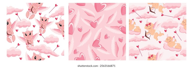 set of three valentines day seamless patterns with different cupids among pink clouds and different hearts with white wings	