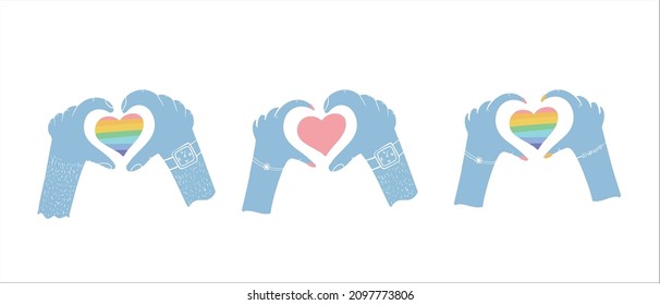 A set of three valentines for LGBT and heterosexuals. Hands show the heart