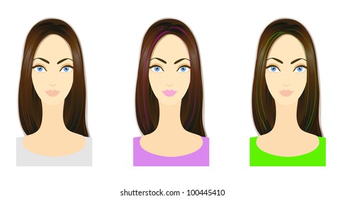 Set of three variants of hairstyle with bright colored locks. Eps 10 vector. Performed with Adobe Illustrator's standard Bristle Brush