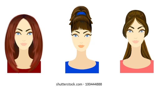 Set of three variants of hairstyle. Eps 10 vector. Performed with Adobe Illustrator's standard Bristle Brush