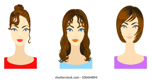 Set of three variants of hairstyle. Eps 10 vector. Performed with Adobe Illustrator's standard Bristle Brush