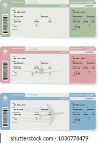 Set of three variants of paterns of vector airline passenger and baggage boarding pass ticket with barcode. Concept of travel,journey or business trip. Green, red and blue airline tickets