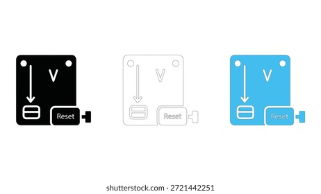 Eine Reihe von drei Variationen eines Symbols, das einen nach unten zeigenden Pfeil darstellt, der auf eine rechteckige Schaltfläche mit der Bezeichnung "Reset" zeigt, an der ein Steckersymbol angebracht ist, das in Schwarz, dünner Kontur und Volltonfarbe dargestellt ist