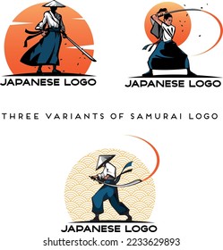 Un conjunto de tres variaciones del logo japonés que representa a un samurai con una espada