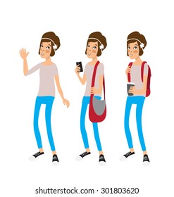 Set of three variations of the young Caucasian hipster school girl in the blue jeans, isolated on white background.