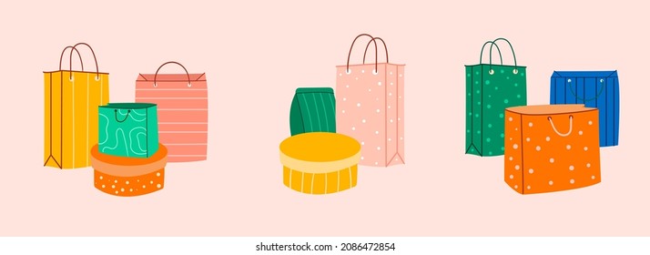 Conjunto de tres bolsos de artesanía o de regalo. Ilustración vectorial de color dibujada a mano