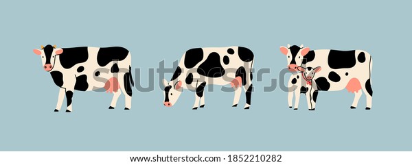 Set of three various\
cute Cows. Black and white colors. Hand drawn colored trendy Vector\
illustrations. Funny characters. Cartoon style. Isolated on blue\
background