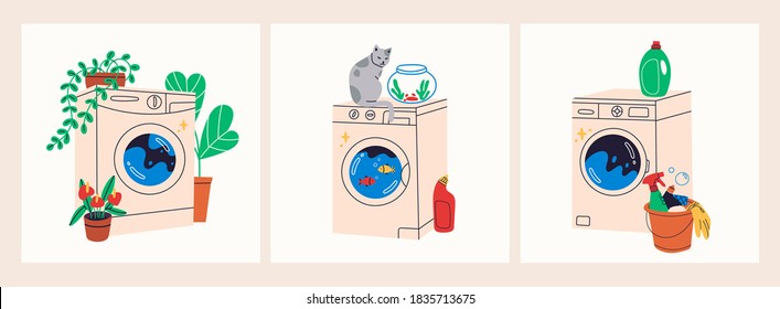 Set of three various Hand drawn Washing Machines. Laundry concept. Trendy Vector illustrations. Cartoon style. All elements are isolated