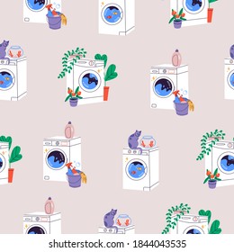 Set of three various Hand drawn Washing Machines. Laundry concept. Trendy Vector illustrations. Cartoon style. Seamless PAttern, Background, Wallpaper