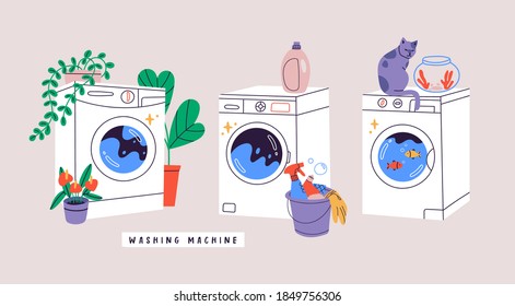 Set of three various Hand drawn Washing Machines. Cat, flowers, gold fish. Laundry concept. Trendy Vector illustrations. Cartoon style. All elements are isolated