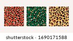 Set of three various leopard windy prints in trendy colors. Hand-drawn seamless vector patterns.