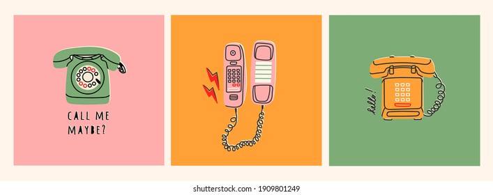 Set of three various phones. Communication device. Classic wired telephone. Retro vintage style Icons. Hand drawn Vector illustration. Pre-made Card or T-shirt Prints