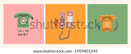 Set of three various phones. Communication device. Classic wired telephone. Retro vintage style Icons. Hand drawn Vector illustration. Pre-made Card or T-shirt Prints