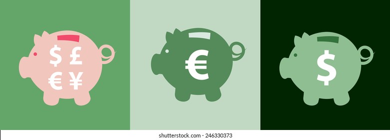 Set of three various piggy bank icons with different currency symbols on them 