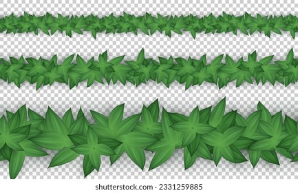 Set of three various seamless border patterns with realistic green leaves isolated on transparent background. Vector endless line decoration with 3d herbs, grass. Botanical, organic design elements