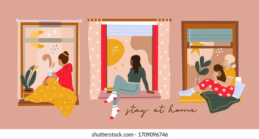 Set of three Various young Ladies looking through window while sitting on windowsill at home. Hand drawn colored Vector illustration. Thinking, meditating, reading concept. Stay at home
